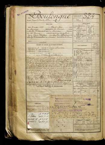 Boulongne, Raoul Charles Albert, né le 09 mai 1899 à Hautvillers-Ouville (Somme), classe 1919, matricule n° 324, Bureau de recrutement d'Abbeville