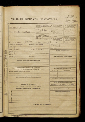 Becker, Emile Aristide, né le 16 mars 1892 à Mailly-Maillet (Somme), classe 1912, matricule n° 286, Bureau de recrutement d'Abbeville