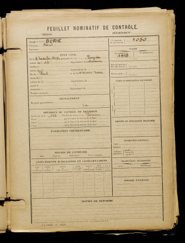 Burie, Paul, né le 08 novembre 1895 à Vouziers (Ille-et-Vilaine), classe 1915, matricule n° 1030, Bureau de recrutement de Péronne