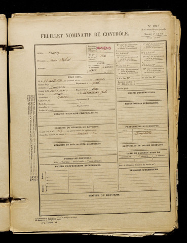 Foutry, Henri Hubert, né le 28 août 1890 à Orchies (Nord), classe 1910, matricule n° 862, Bureau de recrutement d'Amiens