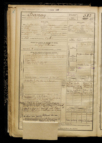 Damay, Olivier Raoul Maurice, né le 30 mai 1878 à Puzeaux (Somme), classe 1898, matricule n° 582, Bureau de recrutement d'Amiens