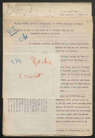 Témoignage de Roche, Ernest et correspondance avec Jacques Péricard