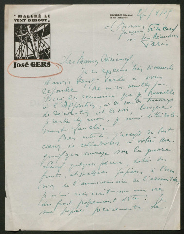 Témoignage de Gers, José (Poète, journaliste, critique d'art et conteur, né à Termonde, Belgique) et correspondance avec Jacques Péricard