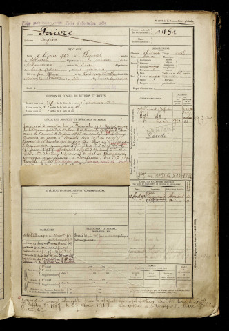 Faivre, Eugène, né le 09 février 1895 à Flaucourt (Somme), classe 1915, matricule n° 1451, Bureau de recrutement d'Amiens