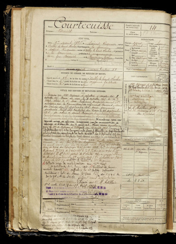 Courtecuisse, Benoît, né le 17 avril 1895 à Saint-Riquier (Somme), classe 1915, matricule n° 14, Bureau de recrutement d'Abbeville