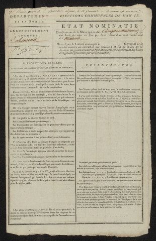 État nominatif des citoyens qui ont le droit de voter, an IX (germinal) : Camps-en-Amiénois