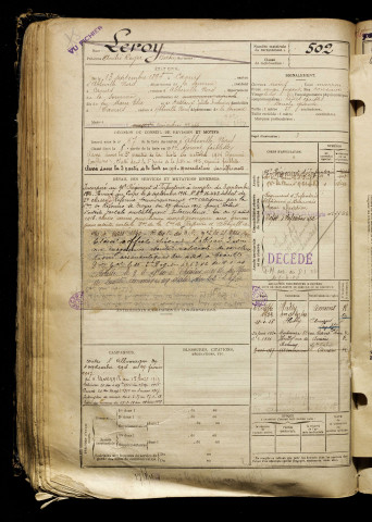 Leroy, André Roger Bertin, né le 13 septembre 1894 à Caours (Somme), classe 1914, matricule n° 502, Bureau de recrutement d'Abbeville