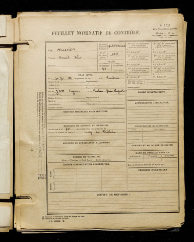Pelletier, Benoit Félix, né le 30 mai 1891 à Vironchaux (Somme), classe 1911, matricule n° 1311, Bureau de recrutement d'Abbeville