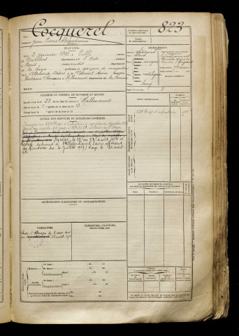Cocquerel, Jean Pierre Alphonse César, né le 02 janvier 1892 à Tillé (Oise), classe 1912, matricule n° 823, Bureau de recrutement d'Abbeville