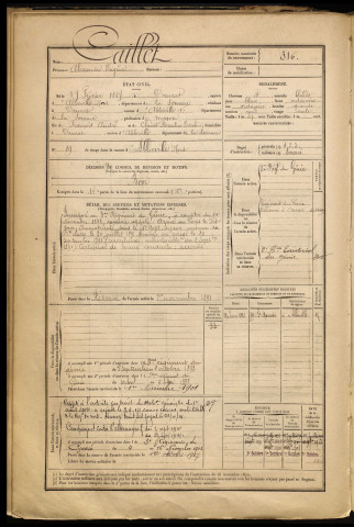 Caillet, Alexandre Eugène, né le 27 février 1867 à Drucat (Somme), classe 1887, matricule n° 316, Bureau de recrutement d'Abbeville