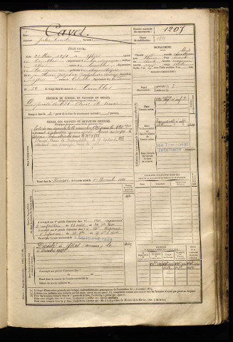Cavet, Jules Emile, né le 23 mai 1874 à Ytres (Somme), classe 1894, matricule n° 1207, Bureau de recrutement de Péronne