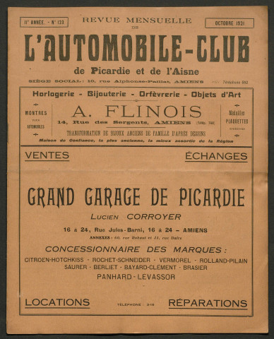 L'Automobile-club de Picardie et de l'Aisne. Revue mensuelle, 123, octobre 1921