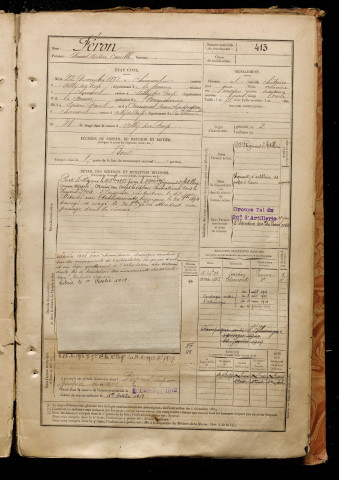 Féron, Edmond Désiré Camille, né le 22 novembre 1872 à Chirmont (Somme), classe 1892, matricule n° 413, Bureau de recrutement de Péronne