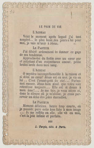 Image pieuse dentelle. Le pain de vie. Heureuse âme qui possède son Dieu gage de la vie éternelle. Communion d'un enfant des mains de l'Enfant Jésus