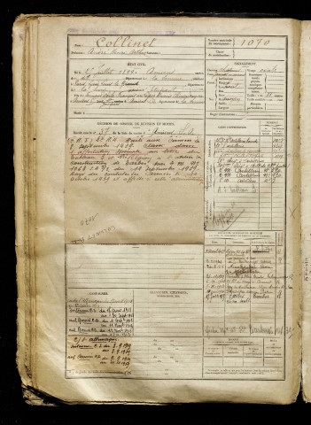 Collinet, André Henri Arthur, né le 25 juillet 1899 à Amiens (Somme), classe 1919, matricule n° 1070, Bureau de recrutement d'Amiens