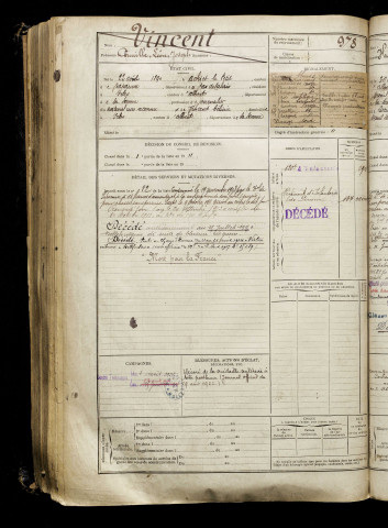 Vincent, Camille Léon Joseph, né le 22 août 1890 à Achiet-le-Petit (Pas-de-Calais), classe 1910, matricule n° 978, Bureau de recrutement de Péronne