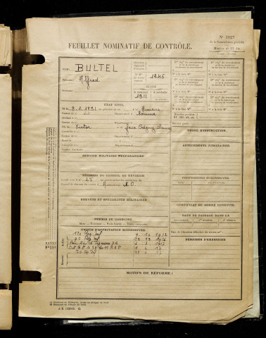 Bultel, Alfred, né le 08 janvier 1891 à Amiens (Somme), classe 1911, matricule n° 1246, Bureau de recrutement d'Amiens