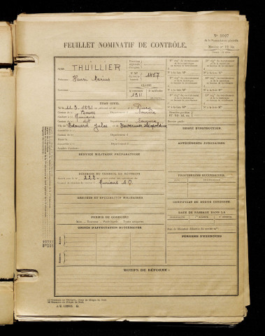 Thuillier, Henri Marius, né le 11 mars 1891 à Dury (Somme), classe 1911, matricule n° 1467, Bureau de recrutement d'Amiens