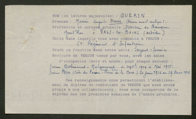 Témoignage de Guérin, Henri et correspondance avec Jacques Péricard