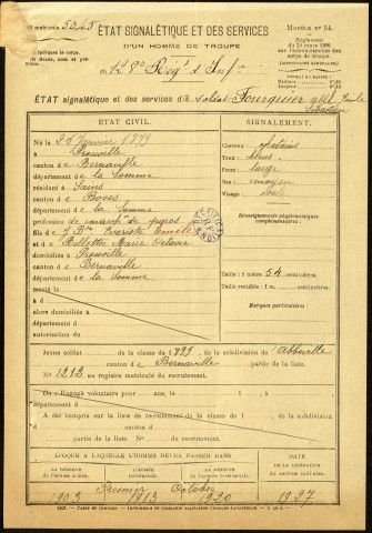 Fourquier , Abel Emile Sébastien, né le 26 janvier 1879 à Prouville (Somme), classe 1899, matricule n° 1212, Bureau de recrutement d'Abbeville