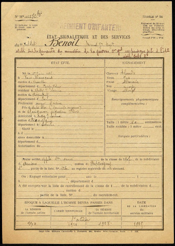 Benoit, Marcel Jean Baptiste, né le 1er juin 1887 à Vaulx-Vraucourt (Pas-de-Calais), classe 1907, matricule n° 126, Bureau de recrutement d'Amiens