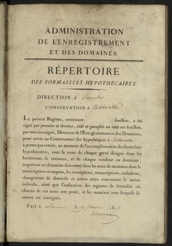 Répertoire des formalités hypothécaires, du 3/09/1806 au 17/05/1813, registre n° 009 bis (Abbeville)