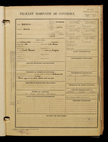 Boidin, Emile, né le 21 mai 1893 à Amiens (Somme), classe 1913, matricule n° 1270, Bureau de recrutement d'Amiens