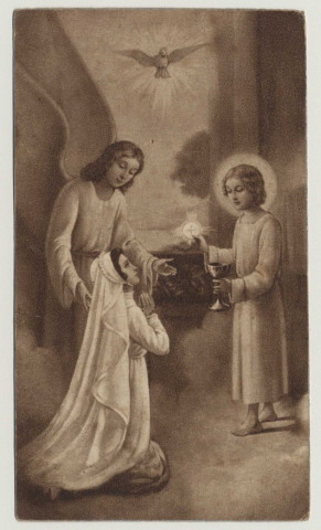 Souvenir de première communion. Image de communion de Micheline Sénéchal en la basilique de Saint-Quentin, le 8 juin 1950