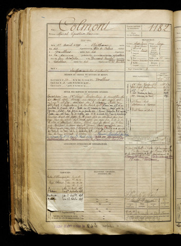 Colmont, Marcel Gustave Léon, né le 11 avril 1899 à Béthune (Pas-de-Calais), classe 1919, matricule n° 1182, Bureau de recrutement d'Abbeville