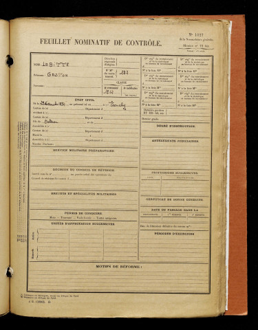 Labitte, Gaston, né le 29 décembre 1897 à Tronchy (Saône-et-Loire), classe 1917, matricule n° 187, Bureau de recrutement d'Amiens