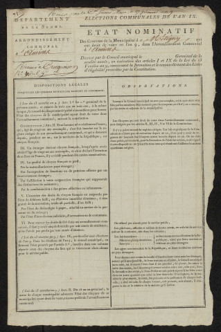 État nominatif des citoyens qui ont le droit de voter. Élections communales de l'an 9 : Métigny