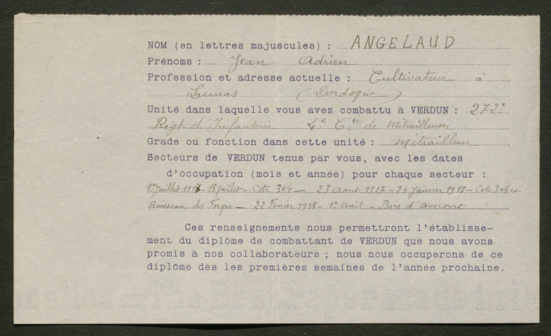 Témoignage de Angelaud, Jean-Adrien et correspondance avec Jacques Péricard