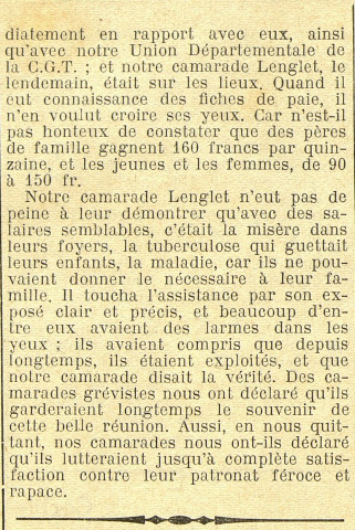 Extrait du journal "Le Travailleur de Somme et Oise", 4e année, numéro 158, du 11 au 17 juillet 1936 : les ouvriers de la filature CALINE Frères se sont mis en grève