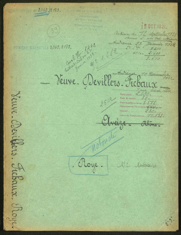 Roye. Demande d'indemnisation des dommages de guerre : dossier Devillers-Fichaux