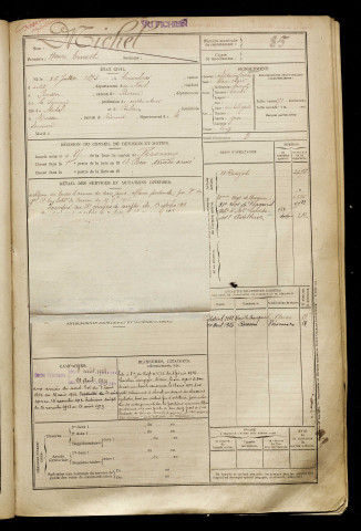 Michel, Henri Ernest, né le 26 juillet 1893 à Cambrai (Nord), classe 1913, matricule n° 85, Bureau de recrutement de Péronne