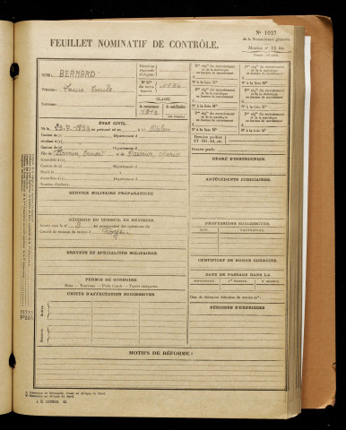 Bernard, Louis Emile, né le 23 juillet 1893 à Étalon (Somme), classe 1913, matricule n° 1134, Bureau de recrutement de Péronne