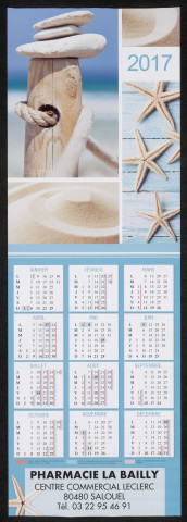 Calendrier 2017 de la pharmacie LA BAILLY, centre commercial Leclerc à Salouël