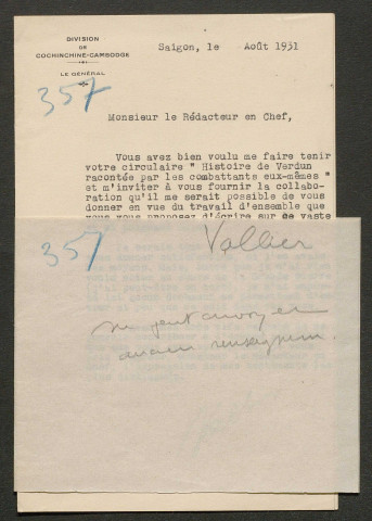 Témoignage de Vallier (Lieutenant-colonel) et correspondance avec Jacques Péricard