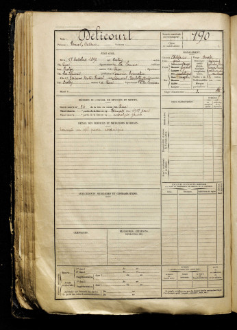 Delicourt, Ernest Octave, né le 17 octobre 1898 à Crotoy (Le) (Somme), classe 1918, matricule n° 190, Bureau de recrutement d'Abbeville