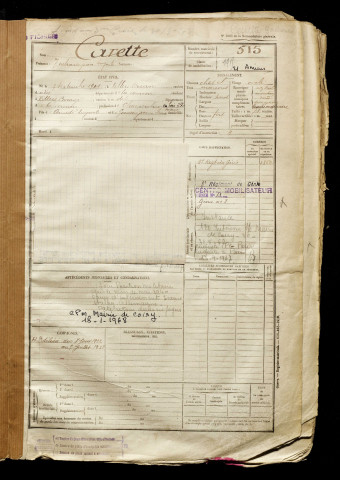 Carette, Zacharie Jean Auguste, né le 07 septembre 1901 à Villers-Bocage (Somme), classe 1921, matricule n° 515, Bureau de recrutement d'Amiens