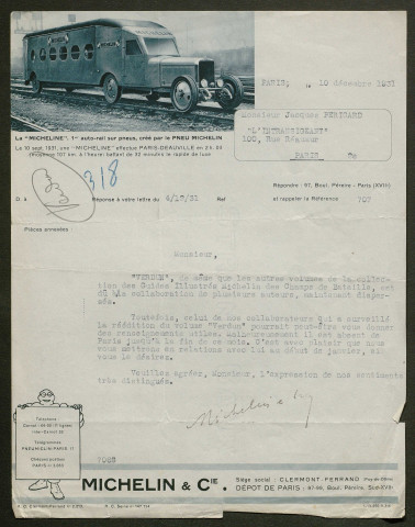 Témoignage de Michelin (Industriel) et correspondance avec Jacques Péricard