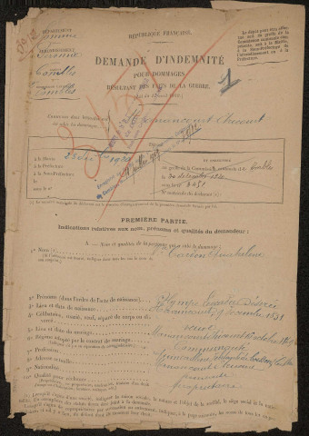 Etricourt-Manancourt. Demande d'indemnisation des dommages de guerre : dossier Cardon-Quatrelivre