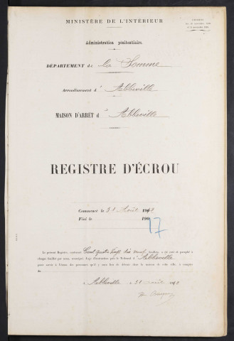 Maison d'arrêt d'Abbeville. Arrêt. Registre d'écrou : numéros 2398 à 2994. 31 août 1912 - 08 décembre 1917