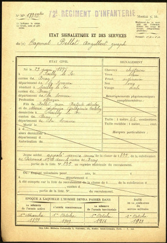 Bellet, Angilbert Joseph, né le 29 juin 1875 à Sailly-le-Sec (Somme), classe 1895, matricule n° 235, Bureau de recrutement de Péronne