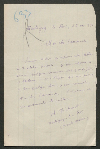 Témoignage de Pichenet, H. (Caporal) et correspondance avec Jacques Péricard