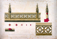 Cathédrale. Détails ornementaux des balustrades des galeries hautes : planche aquarellée, dessinée par l'architecte départemental Daullé