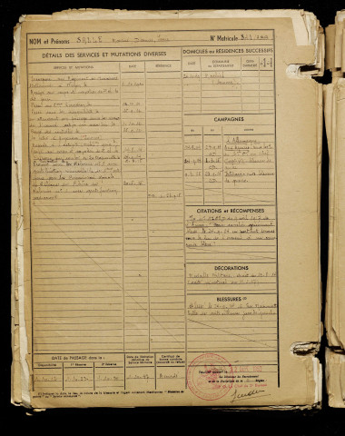 Sallé, Maurice Damas Isaïe, né le 02 août 1889 à Nouvion (Somme), classe 1909, matricule n° 841, Bureau de recrutement d'Abbeville