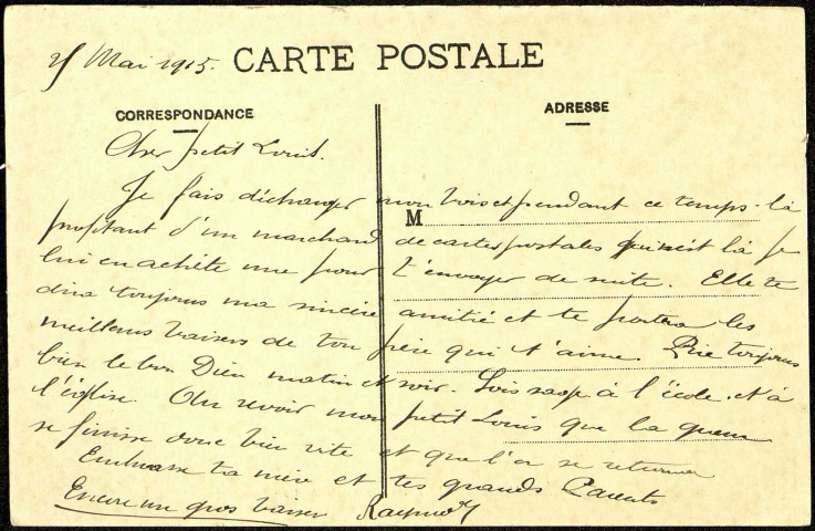 Carte postale intitulée "Verdun-sur-Meuse. Gare de l'Est (Vue des quais)". Correspondance de Raymond Paillart à son fils Louis
