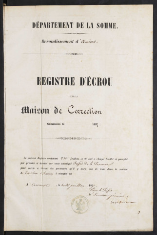 Maison de correction dite Bicêtre à Amiens. Registre d'écrou : numéros 4112 à 4860. 29 juillet 1857 - 09 mai 1858