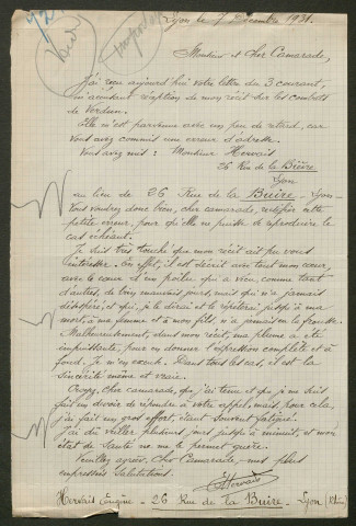 Témoignage de Hervais, Eugène (Caporal) et correspondance avec Jacques Péricard